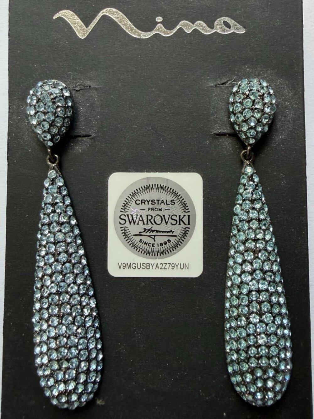 NWT Nina Swarovski Crystal Elongated Pave Teardrop Earrings Aquamarine Turquoise